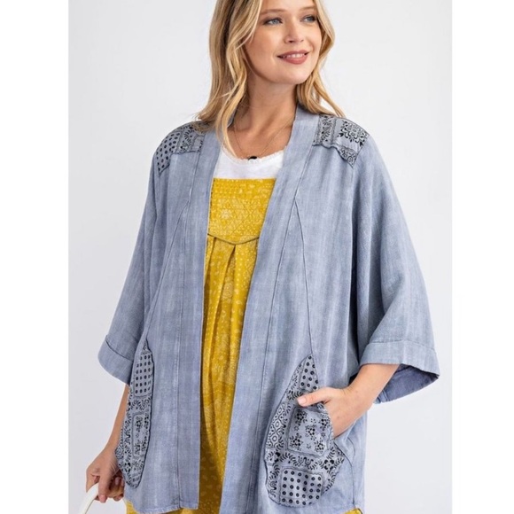 501. Easel washed LINEN Duster Cardigan Blue Pocketed Open short sleeve top - Picture 2 of 5